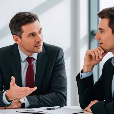 Two businessmen in suits engaged in a thoughtful conversation at a modern office.
